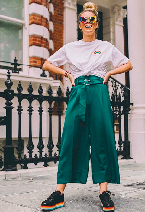 Blogger wearing belted teal culottes | ASOS Style Feed