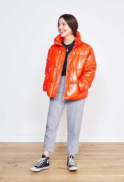 Francesca Ashworth wearing an orange puffer | ASOS Style Feed