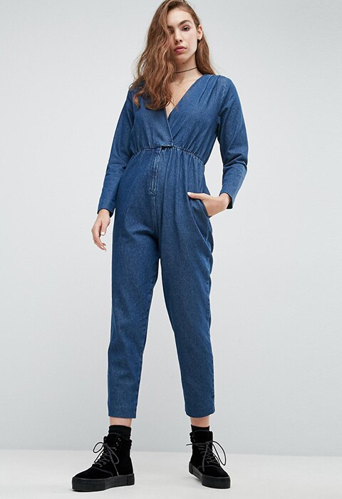 ASOS Denim Jumpsuit With Wrap Front in Darkwash | ASOS Style Feed