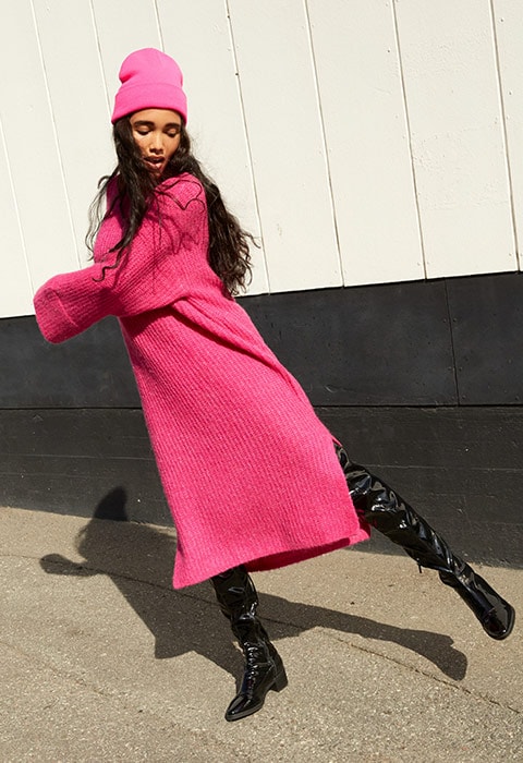 Model wearing a pink Monki knit dress and hat | ASOS Style Feed