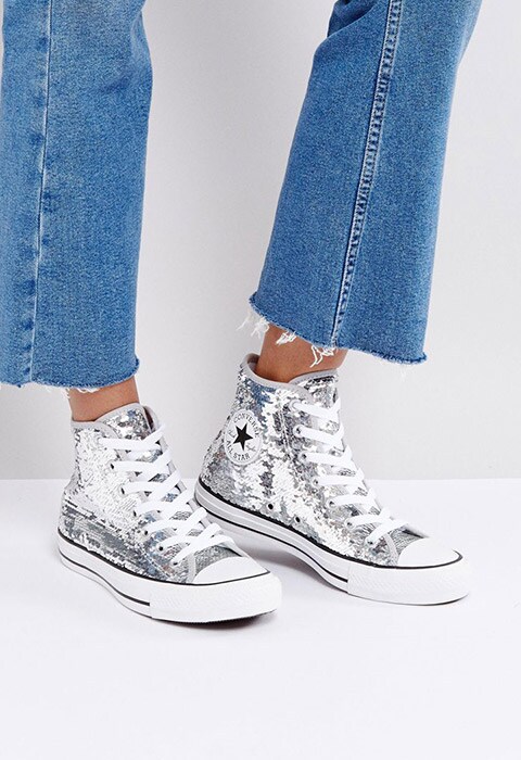 Converse Chuck Taylor High Trainers In Silver Sequin