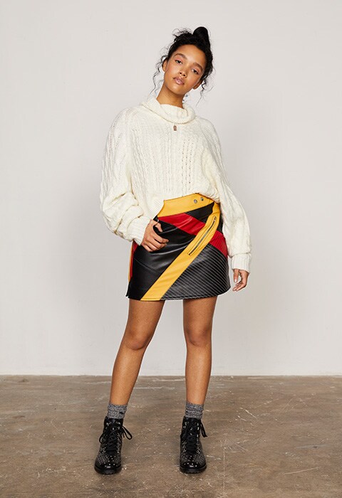 ASOS styling. White roll neck jumper, leather motocross skirt and statement boots | ASOS Fashion & Beauty Feed