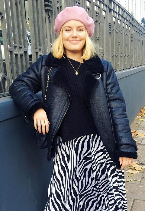 ASOS Insider Lotte wearing zebra print midi skirt, black knit and baby pink beret | ASOS Fashion & Beauty Feed 