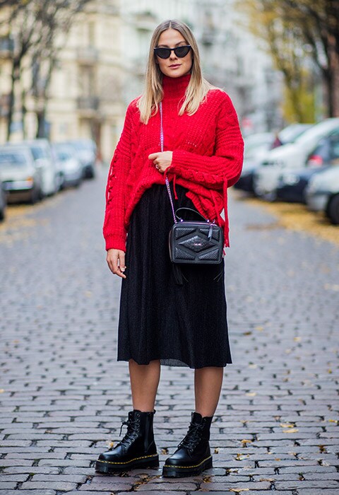 Street style look with chunky red roll neck, velvet midi skirt and Dr Marten boots | ASOS Fashion & Beauty Feed