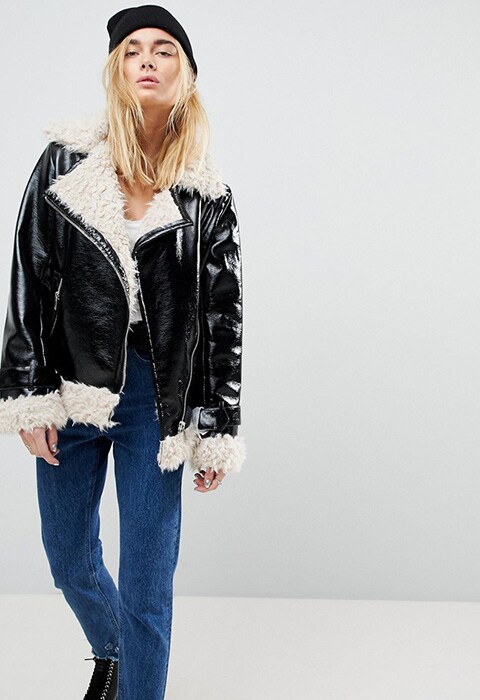 ASOS Cracked Vinyl Biker Jacket With Curly Borg Liner | ASOS Fashion & Beauty Feed 