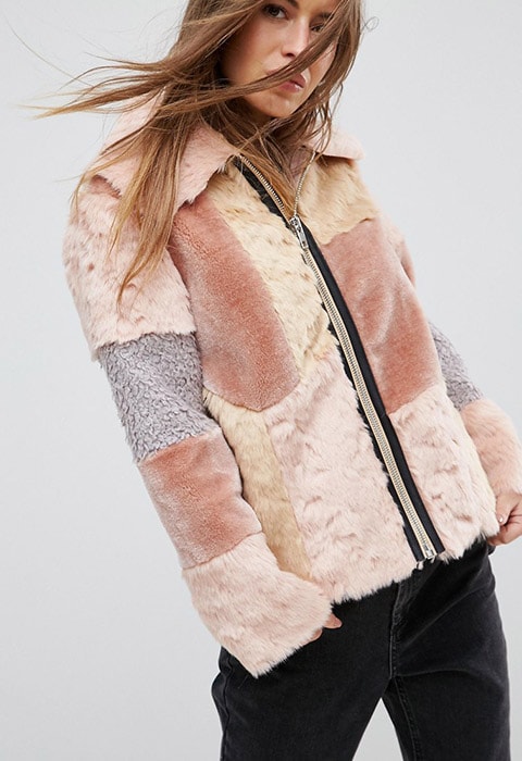 asos swing coat in patchwork faux fur