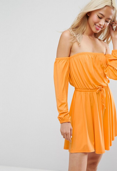 Orange off-shoulder dress