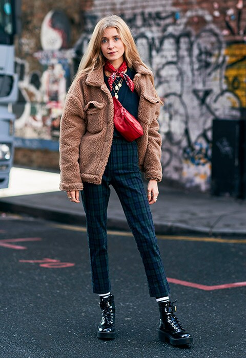 Street style look wearing borg jacket, tartan trousers and a navy t-shirt | ASOS Fashion & Beauty Feed