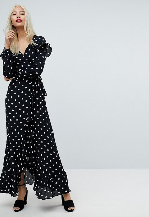 ASOS Maxi Dress With Ruffle Detail and Open Back in Spot, £48 | ASOS Fashion & Beauty Feed 