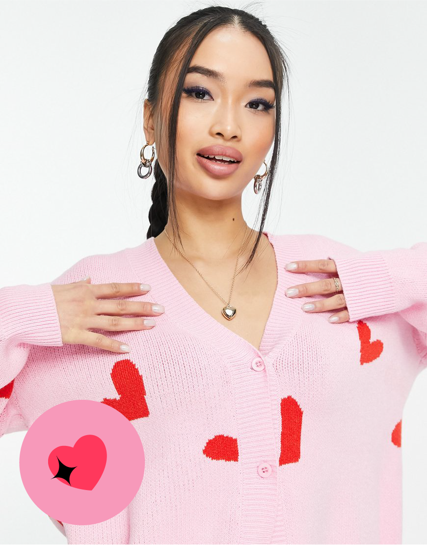 Style Cheat knit cardigan co-ord in pink heart print | ASOS Style feed