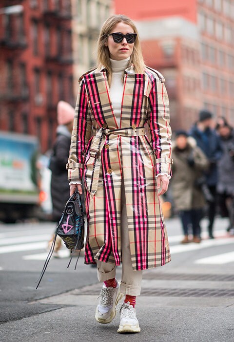 Street-style star wearing heritage checks at NYFW AW18