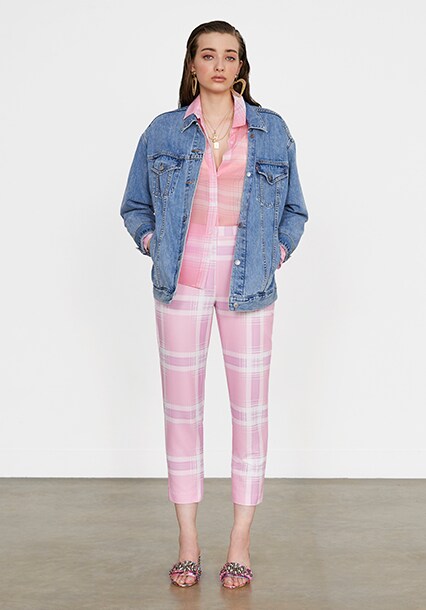 Model wearing a checked sporty pastels outfit, available at ASOS