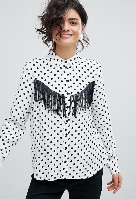 ASOS DESIGN Western Shirt with Fringing in Polka Dot