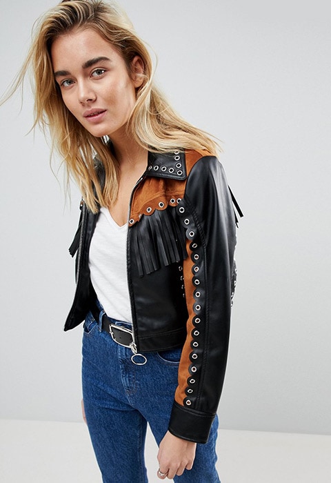 ASOS DESIGN Western Blocked Studded Leather Look Jacket