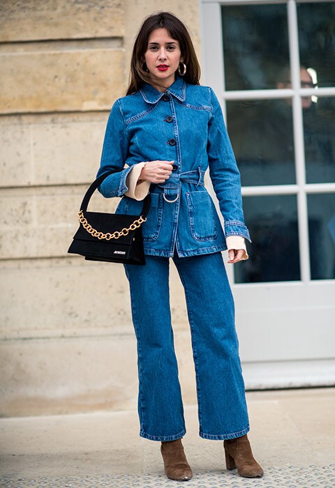 Blogger wearing double denim at Paris Fashion Week