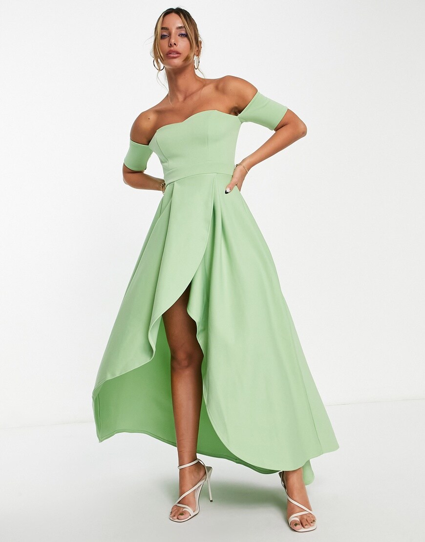 True Violet off shoulder high low dress in sage green | ASOS Style Feed
