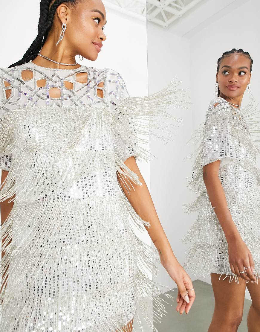 ASOS EDITION fringe mini sequin dress with cutwork in silver | ASOS Style Feed