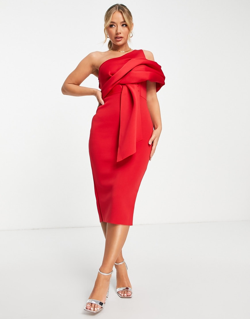 ASOS DESIGN peekaboo shoulder tuck midi pencil dress in red | ASOS Style Feed