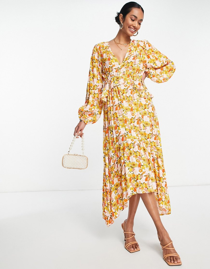 Y.A.S tie back hanky hem midi dress in yellow 70s floral | ASOS Style Feed