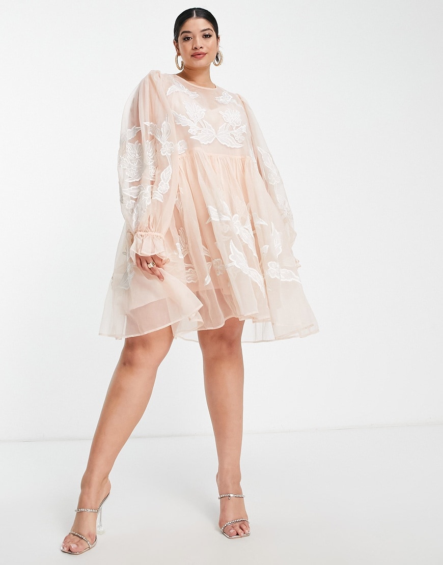 ASOS EDITION Curve embroidered organza mini smock dress in pink | ASOS Style Feed