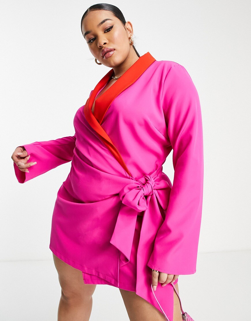 Never Fully Dressed Plus contrast lapel mini blazer dress in pink | ASOS Style Feed
