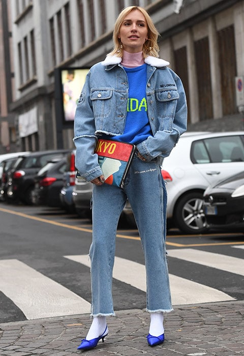 Double denim jeans and jacket with heels and socks PFW