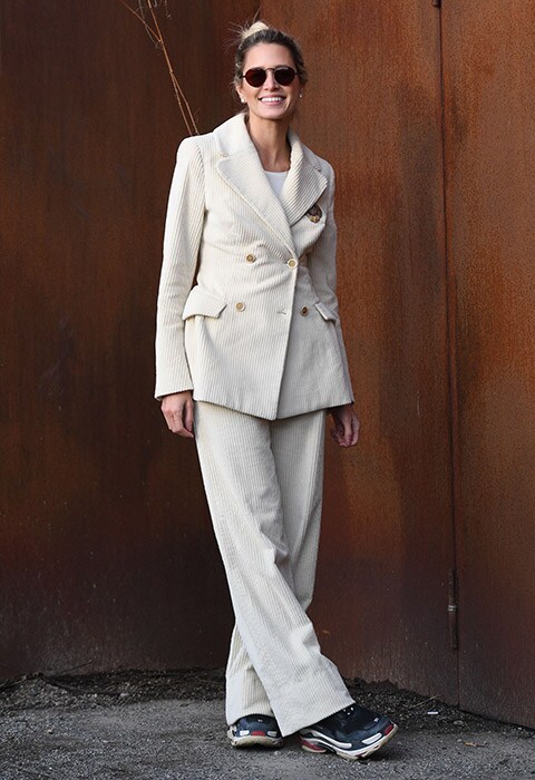 Street style from MFW with the perfect cream corduroy tailored suit