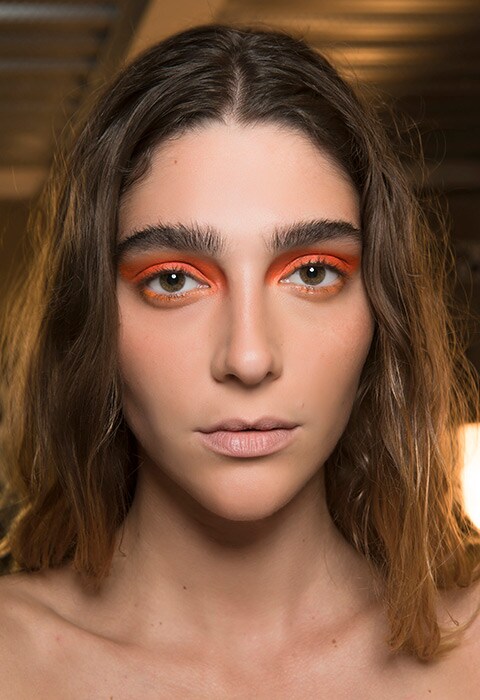 Model backstage at House of Holland SS18 wearing two-tone eyeshadow