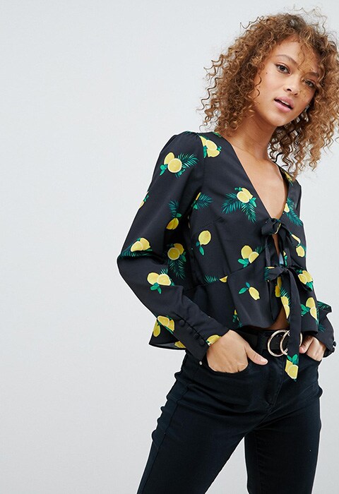 ASOS Ruffle Top with Tie Front in Lemon Print