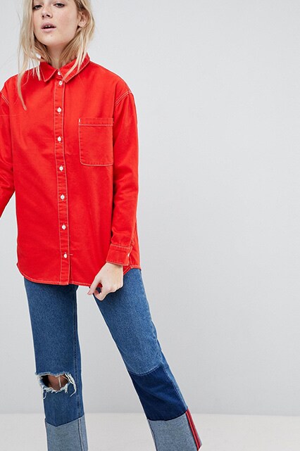 ASOS DESIGN - Veste-chemise oversize en jean avec surpiqûres contrastantes - Rouge