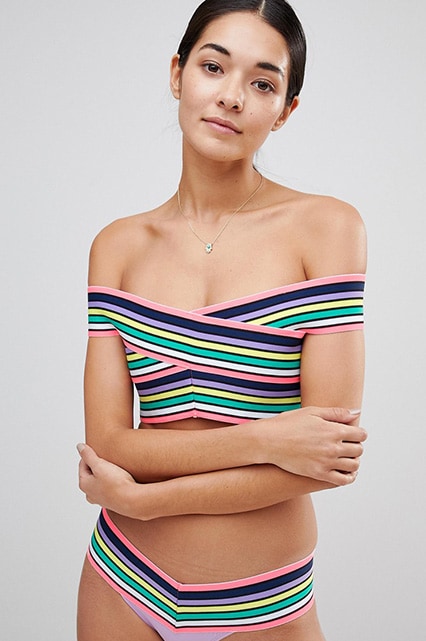Boohoo - Haut et bas de bikini style Bardot avec surpiqûres multicolores