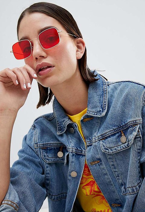 ASOS DESIGN Metal Square Fashion Sunglasses In Gold With Red Coloured Lens