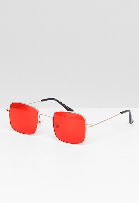 ASOS DESIGN Metal Square Fashion Sunglasses In Gold With Red Coloured Lens, available at ASOS