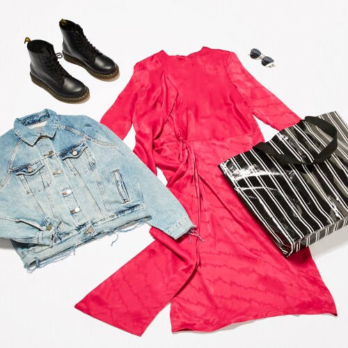 Pink midi dress, denim jacket and leather boots, available at ASOS