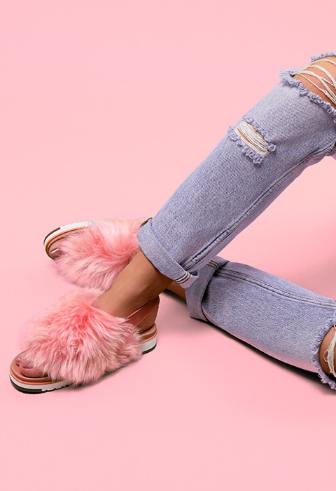 UGG Holly Pink Fluffy Buckle Back Flat Sandals, available at ASOS