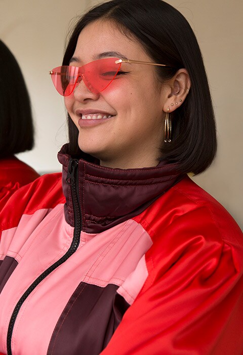 Naomi Shimada wearing pink cat-eye sunglasses