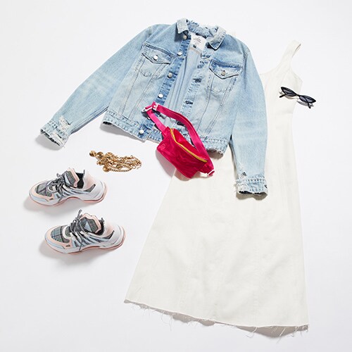 Denim white dress, denim jacket and dad trainers, available at ASOS