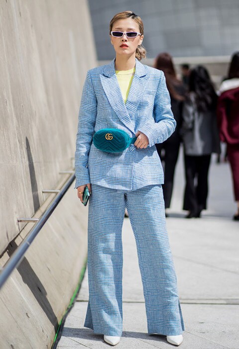 Street styler wearing a baby blue check suit | ASOS Style Feed