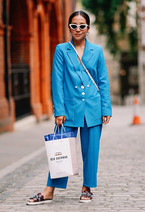 Street-styler wearing a turquoise suit | ASOS Style Feed