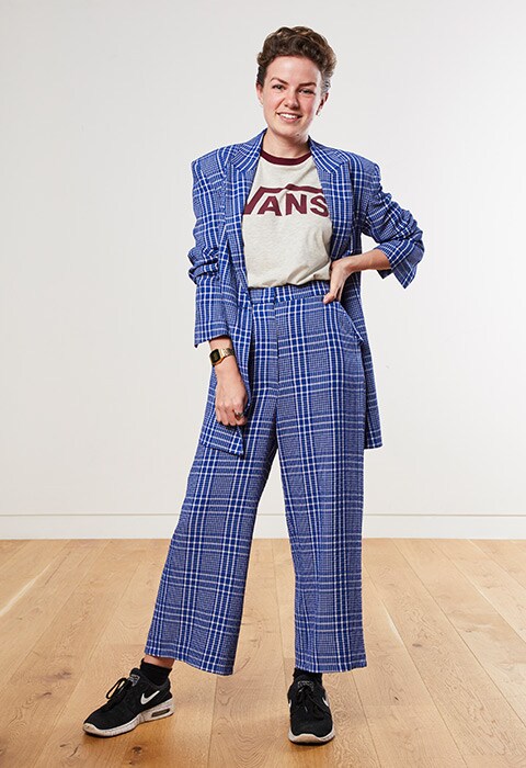 ASOS staff wearing a blue check suit, available at ASOS