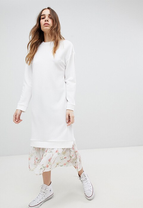 White sweater dress with floral layer