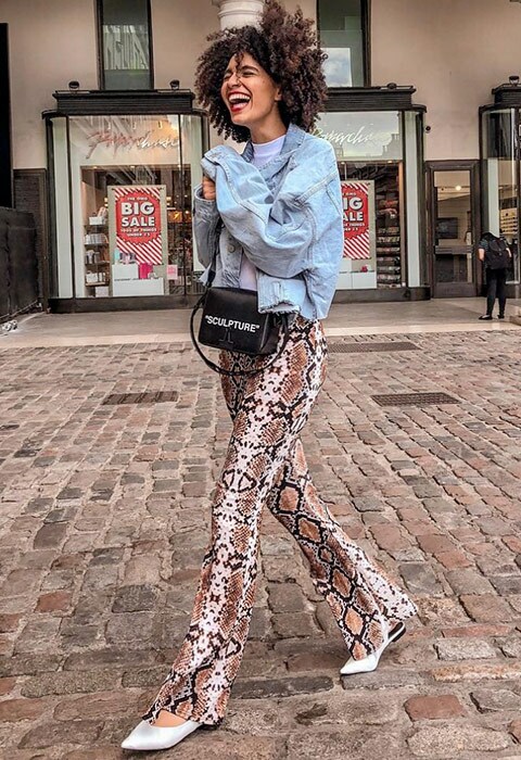 Snakeskin trousers worn by ASOS Insider Syana