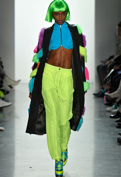 Model on the catwalk at Jeremy Scott show in Feb 2018