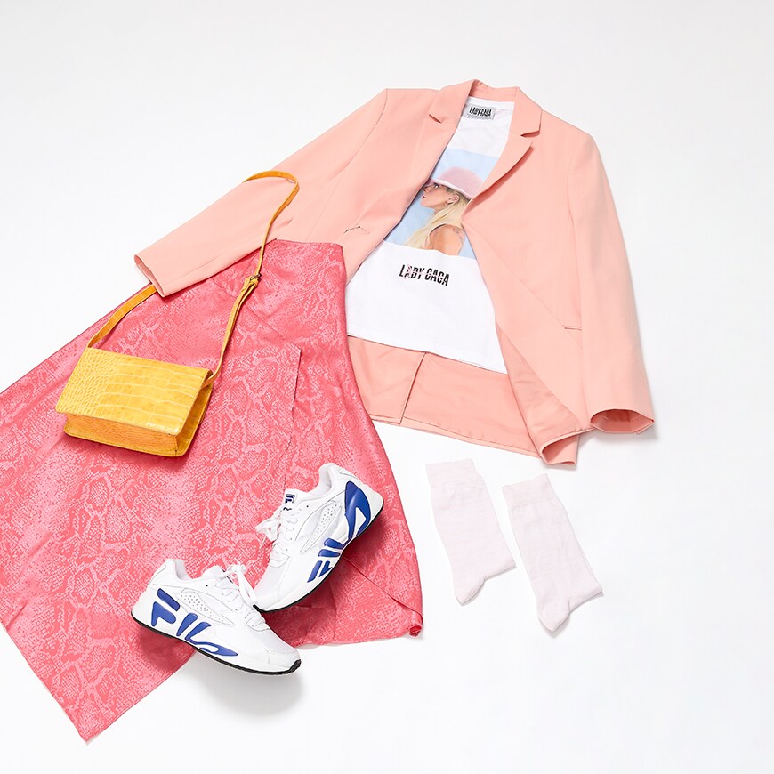 A pink blazer, skirt, chunky trainers, T-shirt and bag available at ASOS | ASOS Fashion & Beauty Feed