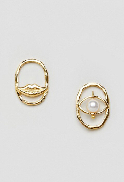 Pendientes de plata de ley chapados en oro con diseño de labios y detalle de perla de ASOS DESIGN
