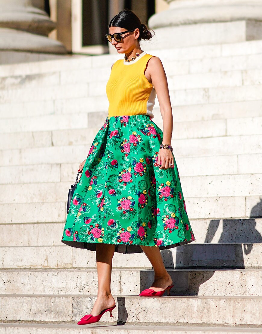 A midi skirt and contrast top makes good wedding style at the Paris Couture shows  | ASOS Fashion & Beauty Feed