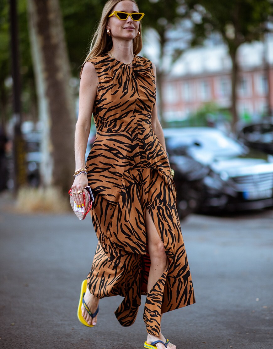 Pernille Teisbaek street style wearing tiger stripes and flip flops
