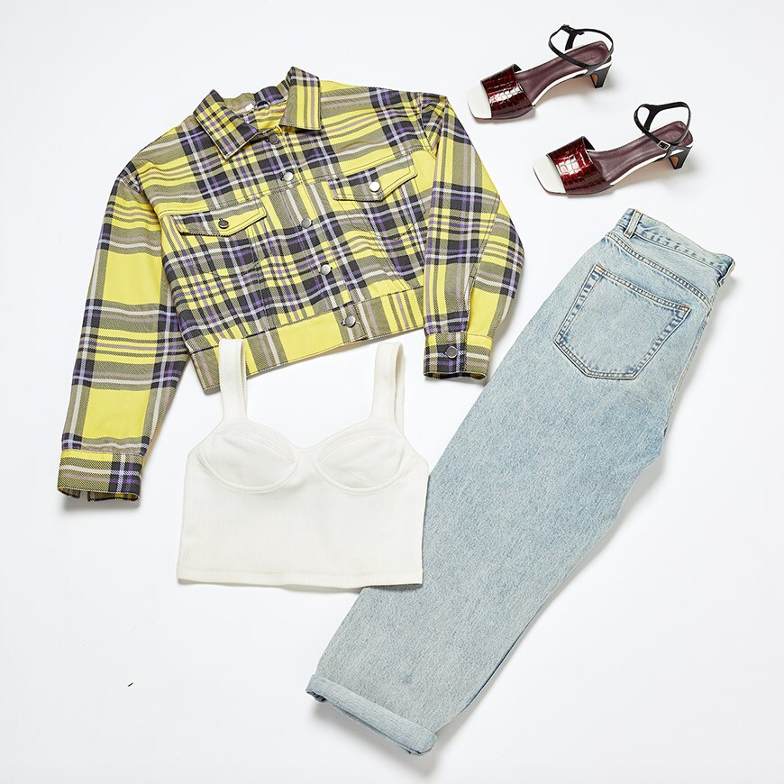 Denim flat lay with check jacket and mom jeans ASOS
