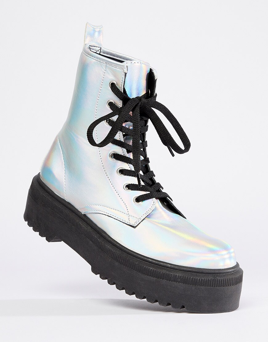ASOS DESIGN Attitude Chunky Lace Up Boots in iridescent