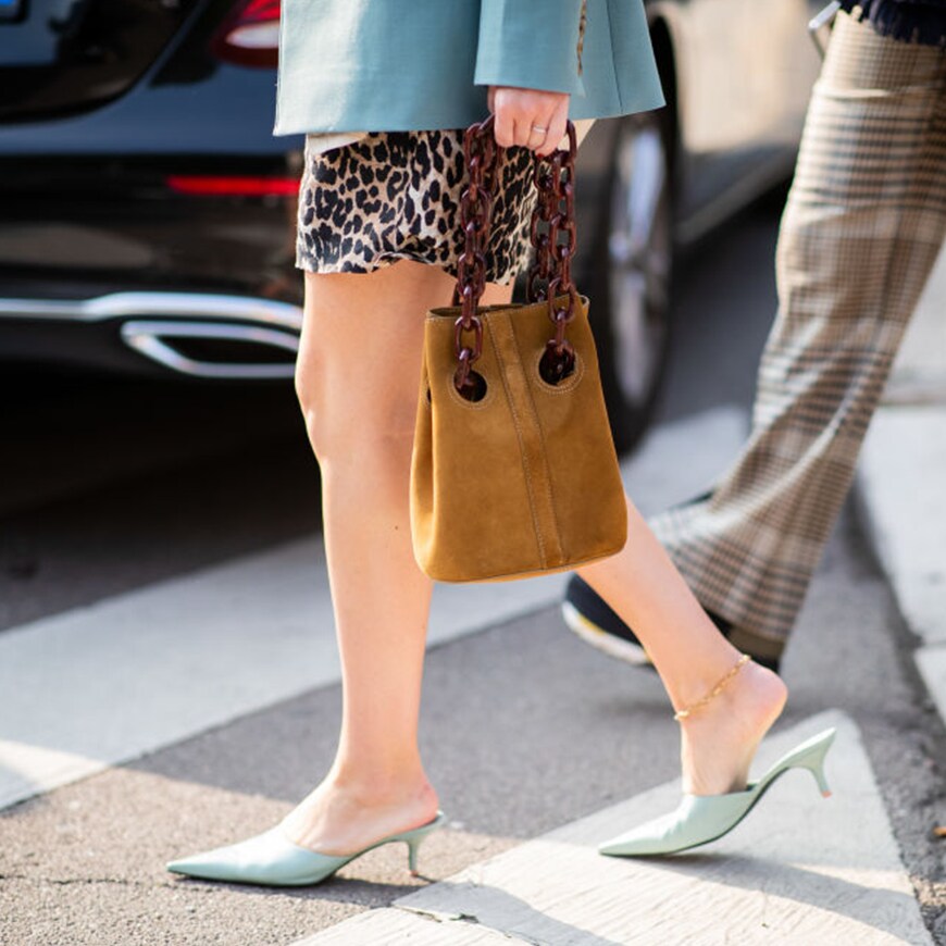Pointed toe heels and chain handle bag at Milan Fashion Week